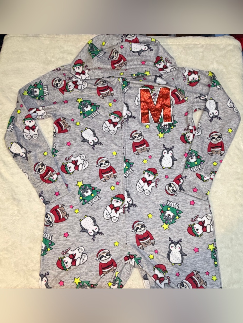 Justice Grey Holiday Hooded One-Piece with Red M Patch
